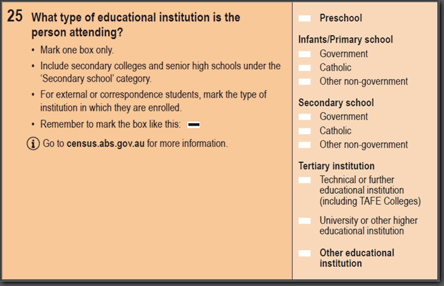 Image: 2016 Household Paper Form - Question 25. What type of educational institution is the person attending?