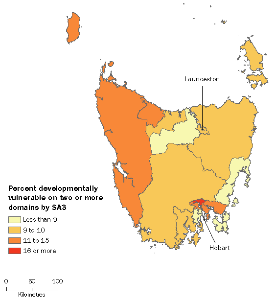 Map: shows that there was only one Statistical Area 3 with over 15% of children being developmentally vulnerable on two or more domains.