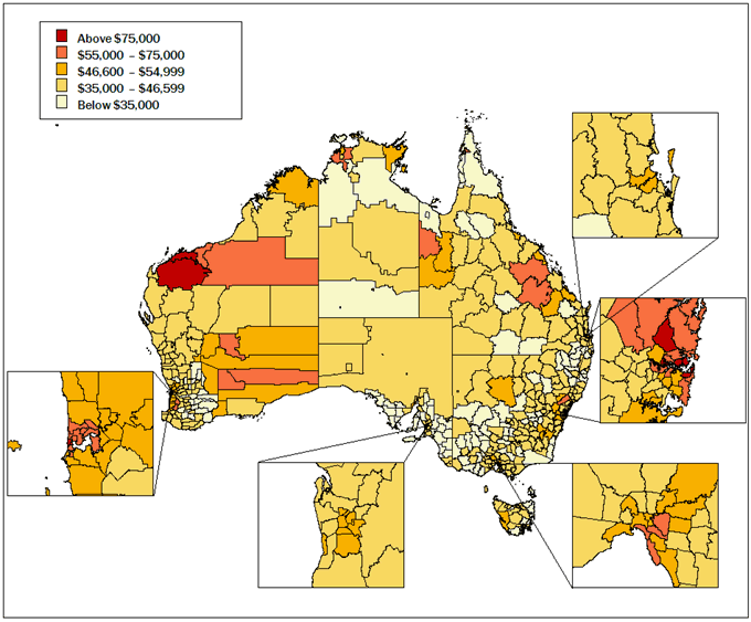 Map: Average Annual Wage and Salary Income by Local Government Areas, 2008-09