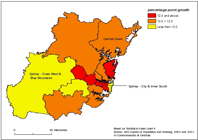 Map: GREATER SYDNEY, Higher level qualifications, 20-64 yr olds (percentage point growth), by SA4, 2001 to 2011