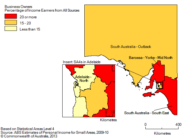 Map: BUSINESS OWNERS (a), Percentage of income earners by SA4, South Australia- 2009-10