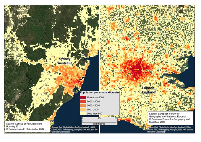 Figure 5, A comparison map of Sydney and London showing the Australian and Eurostat population grid on grid cells of one square kilomtre.