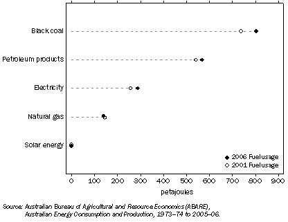 Graph: 13.4 ENERGY CONSUMPTION, By Fuel Type, NSW and ACT—2001 and 2006