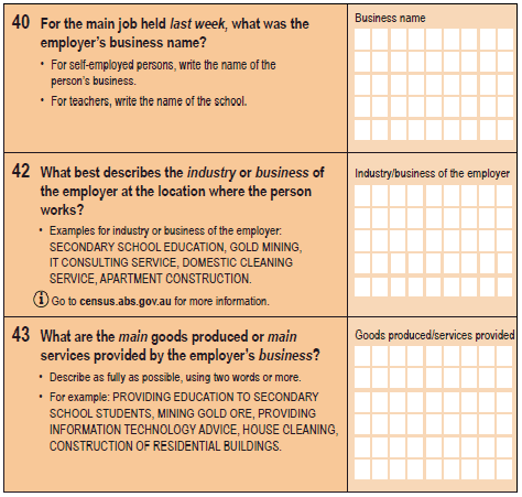 Image: questions 40, 42 and 43 from the paper 2016 Census Household Form.