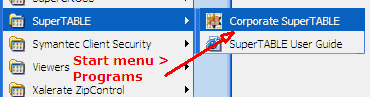 Image shows the Programs menu from where you can run the SuperTABLE