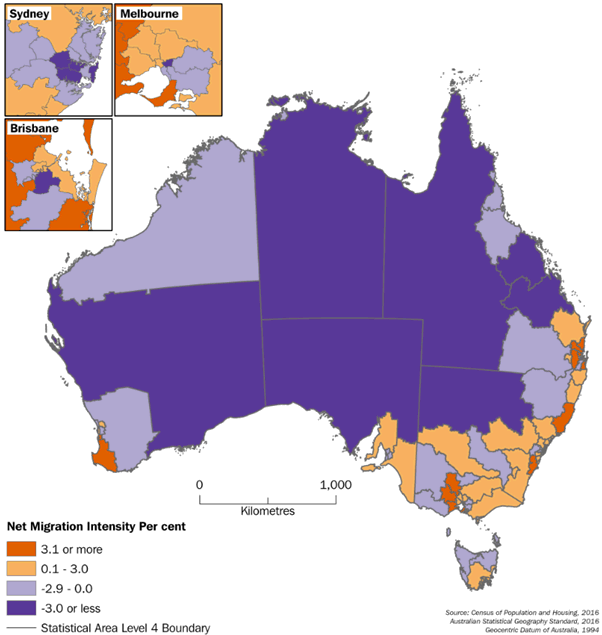 Image: Map figure 12 new migration intensity (5 years) for SA4s, 2016