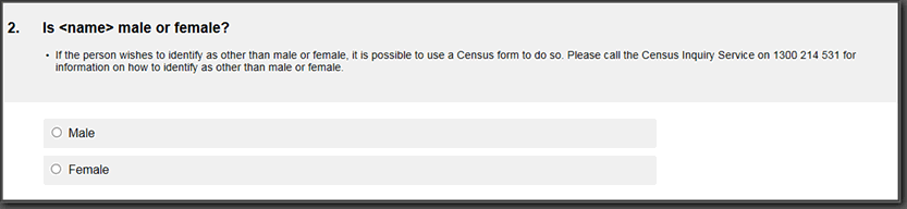 Image: 2016 Household Online Form -  Question 2. Is  <name> male or female?