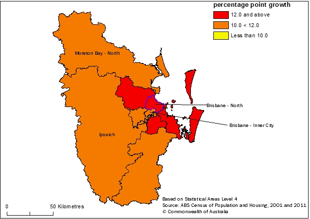 Map: Greater Brisbane, Higher level qualifications, 20-64 year olds (percentage point growth) by SA4, 2001 and 2011