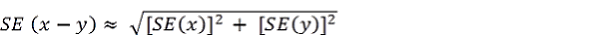 SE of (x minus y) approximately equals square root of [(SE of x) squared plus (SE of y) squared]