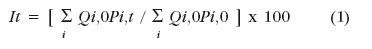 This is a formula showing commodity price index calcualted as a fixed-weighted Laspeyres index.