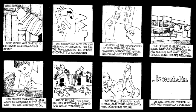 Storyboard with an idea stressing confidentiality and the usefulness of the Census in planning services