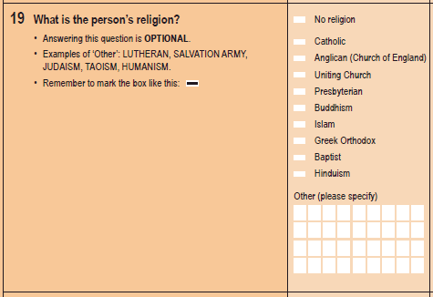 2016 Census form Religious affiliation question