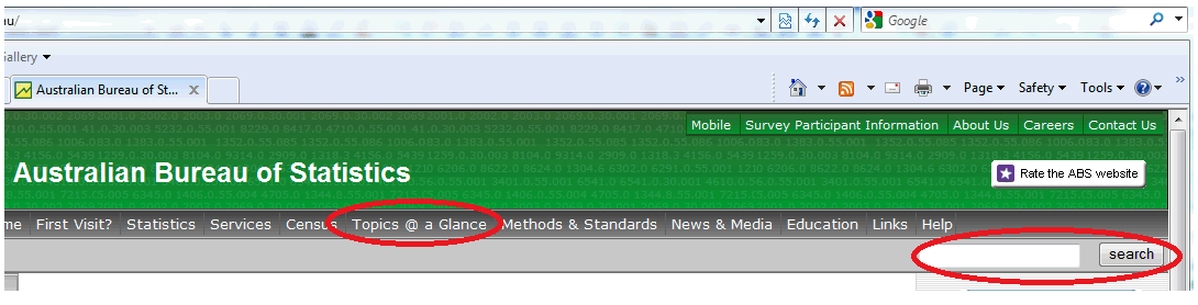 Image: Screen shot of ABS home page showing Search bar and Topics link