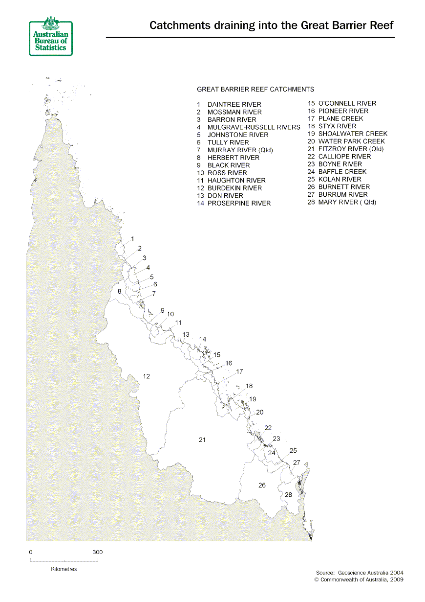 This map shows 28 river basins regions (catchments) in Queensland whose water flows into the Pacific Ocean surrounding the Great Barrier Reef. The catchments range from Daintree River in the north to Mary River in the south. 