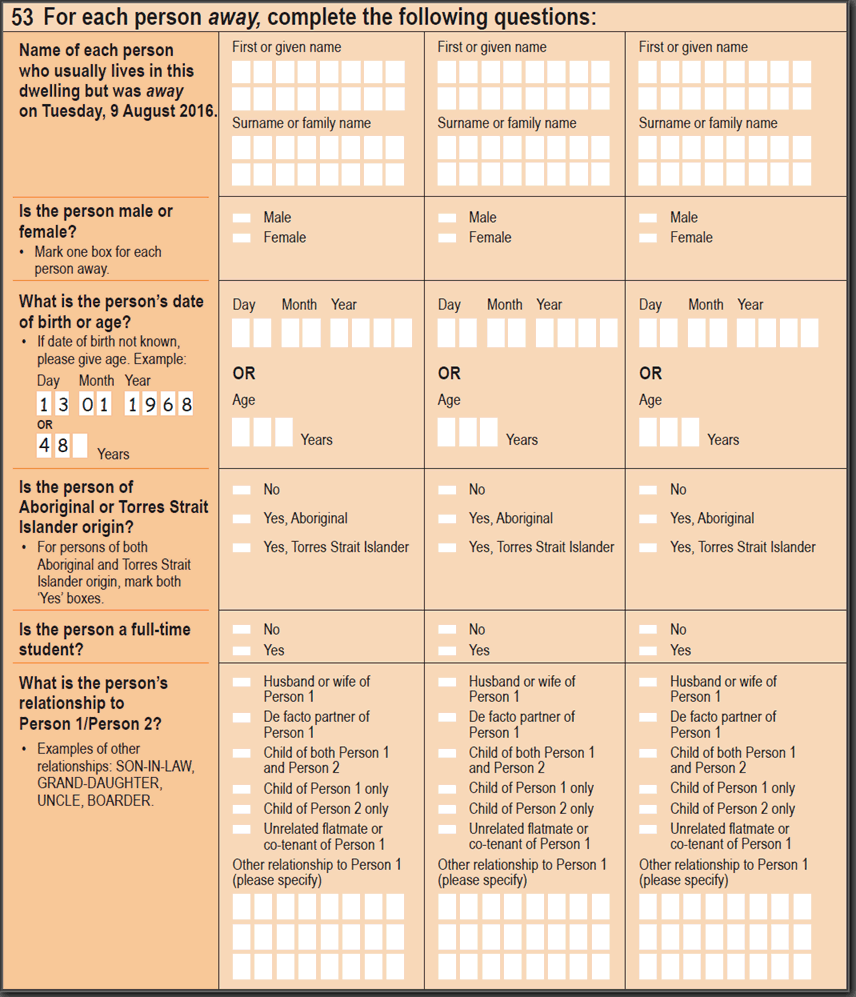 2016 Household Paper Form - Question 53. For each person away, complete the following questions: