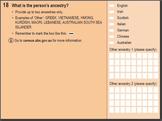 Image: 2016 Household Paper Form - Question 18. What is the person's ancestry? 