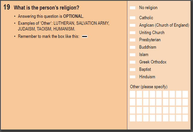 Image: 2016 Household Paper Form - Question 19. What is the person's religion?