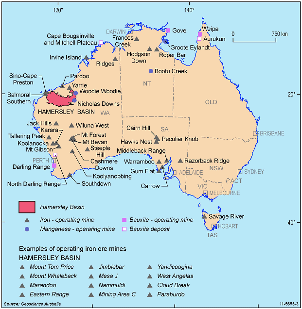 18.25 SELECTED MINES AND DEPOSITS OF BAUXITE, IRON ORE AND MANGANESE ORE—2011