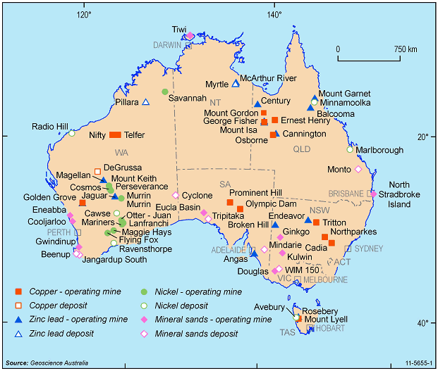 18.26 SELECTED MINES AND DEPOSITS OF BASE METALS AND MINERAL SANDS—2011