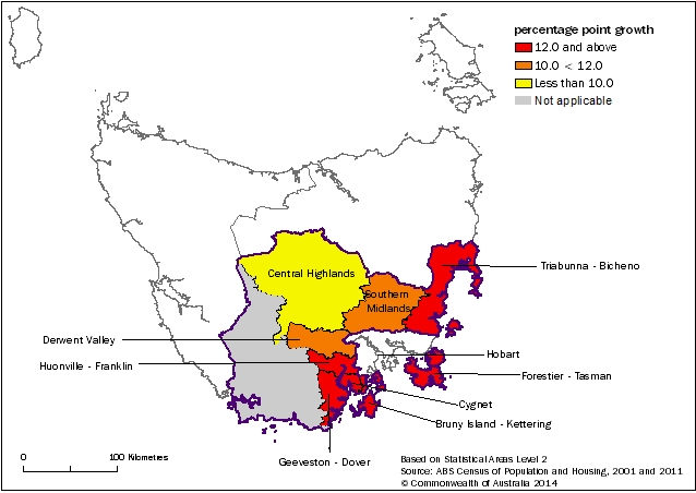 Map: SOUTH EAST TASMANIA, Higher level qualifications, 20-64 yr olds (percentage point growth), By SA2, 2001 to 2011