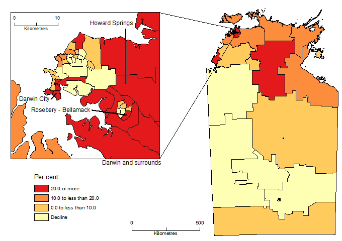 Map of Population change by SA2, Northern Territory, 2006-16