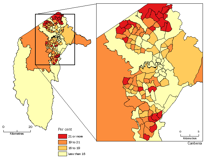 Diagram: POPULATION AGED LESS THAN 15 YEARS, Statistical Areas Level 2, Australian Capital Territory - 30 June 2014