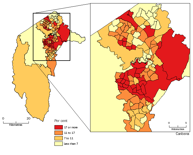 Diagram: POPULATION AGED 65 YEARS AND OVER, Statistical Areas Level 2, Australian Capital Territory - 30 June 2014