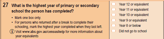 Image of Question 27, 2011 Census Household Form