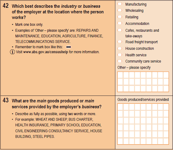 Image of Question 42  and 43, 2011 Census Household Form