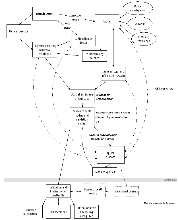 Diagram: Causes of Death, Deaths records process diagram, Deaths registered in a specific calendar year