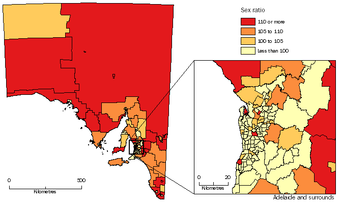 Diagram: MALES PER 100 FEMALES, Statistical Areas Level 2, South Australia - 30 June 2014