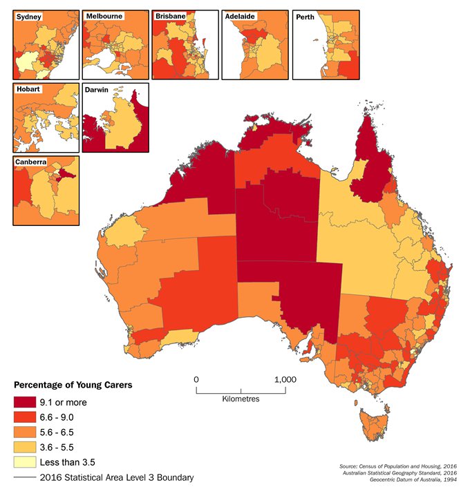 Map showing proportion of young carers by statistical area level 3