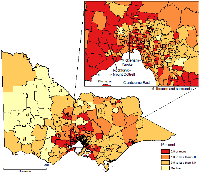 Image: Map showing Population Change by SA2, Victoria, 2017-18