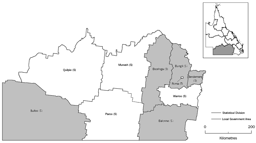 Map - South West SD with alphabetical listing of LGAs of Balonne to Bungil highlighted