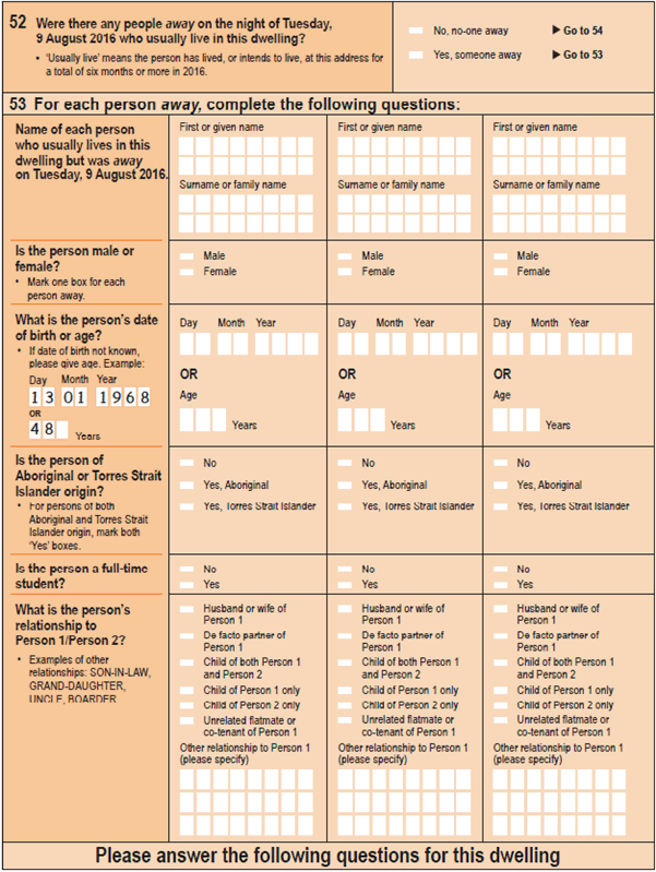 Image: questions 52 and 53 on the paper 2016 Census Household Form