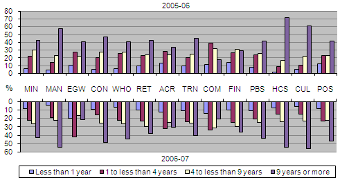 Diagram: Business age distribution under the current ownership, by industry, 2005-06 to 2006-07