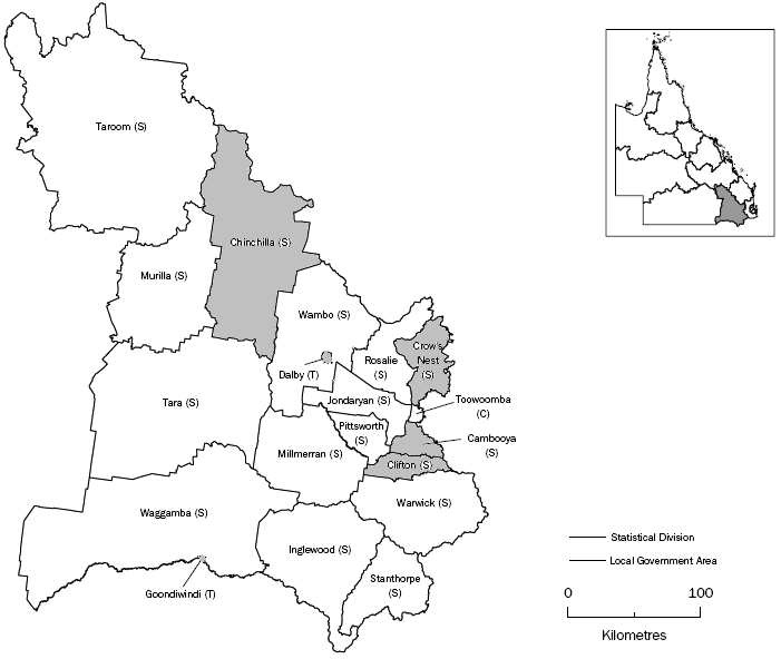 Map - Darling Downs SD with alphabetical listing of LGAs of Cambooya to Goondiwindi highlighted