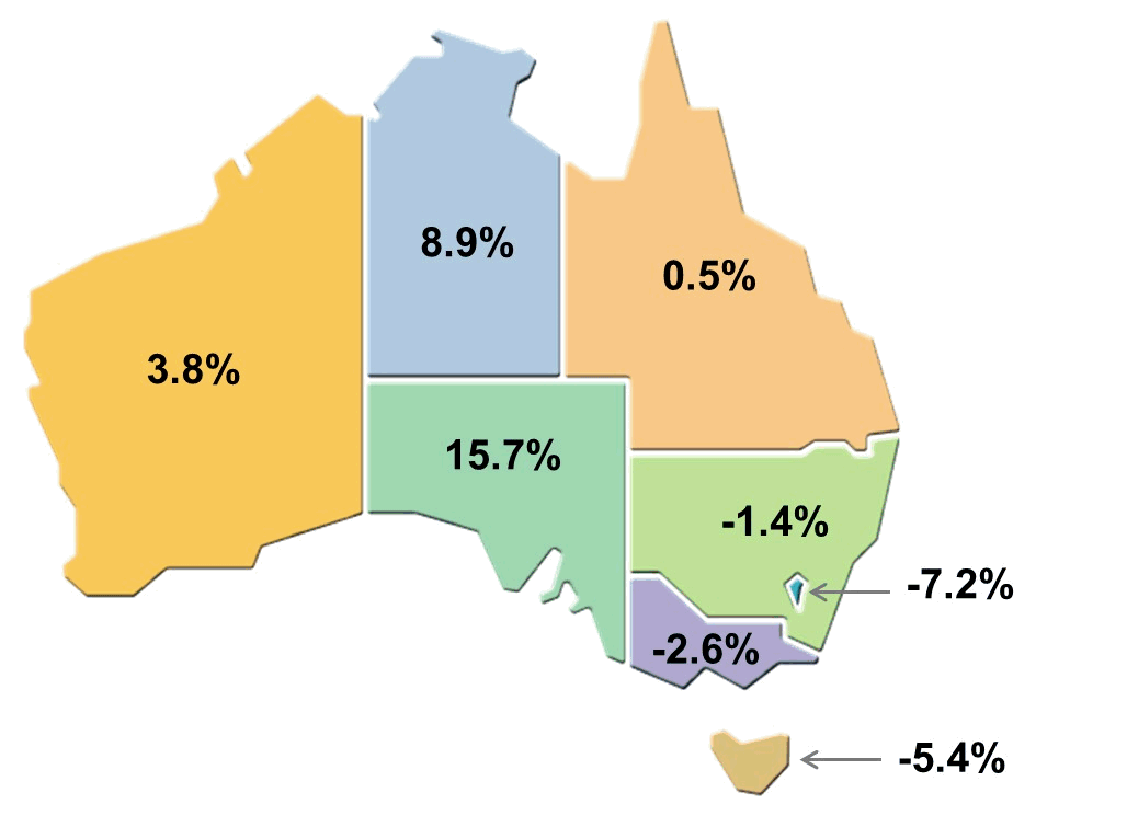 Map: Resident returns, State or territory of residence - Annual change to October 2019 (original estimates)