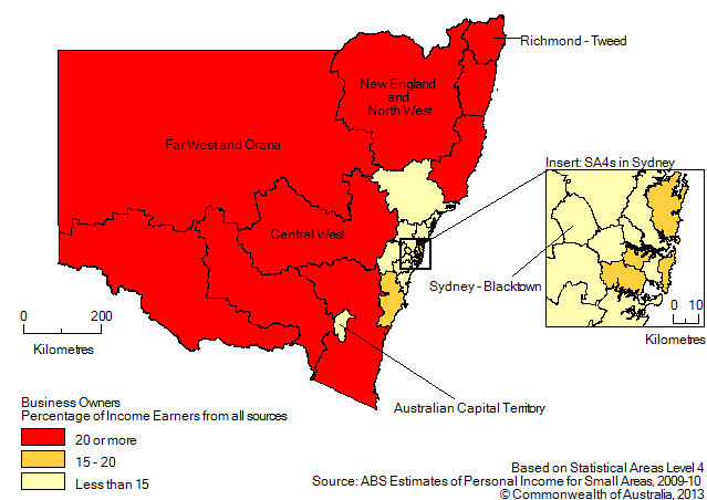 Map: BUSINESS OWNERS (a), Percentage of income earners by SA4, New South Wales and the Australian Capital Territory - 2009-10