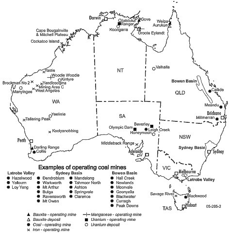 Map 16.24: SELECTED MINES AND DEPOSITS OF BAUXITE, COAL, IRON ORE, MANGANESE AND URANIUM 2005