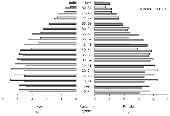 Diagram: Population Pyramid, by age and sex for 1984 and 2004p