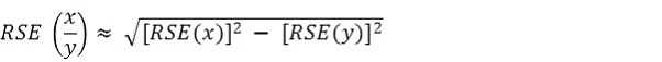 RSE of (x/y) approximately equals square root of [(RSE of x) squared minus (RSE of y) squared]