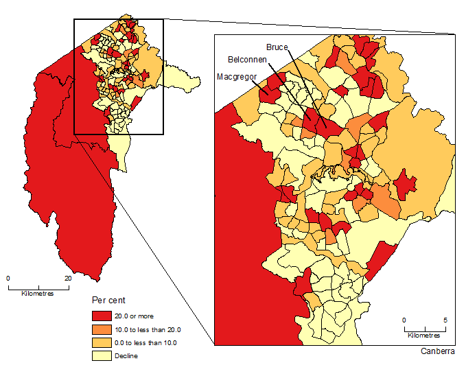 Map of Population change by SA2, ACT 2006-16