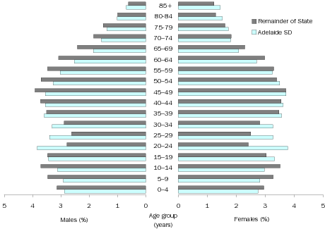 Diagram: Age and Sex Distribution, percentage, SA, 2007