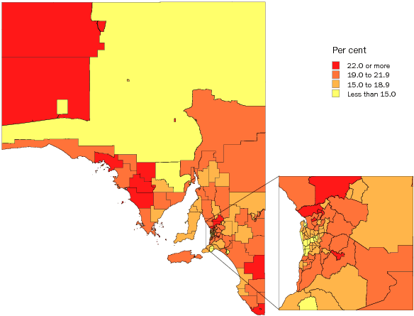 Diagram: Population aged less than 15 years, Statistical Local Areas, SA, 2007