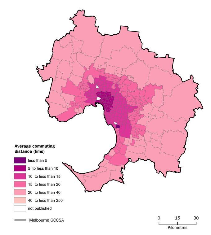 Map showing the average commuting distance from a persons usual residence in Greater Melbourne SA2s