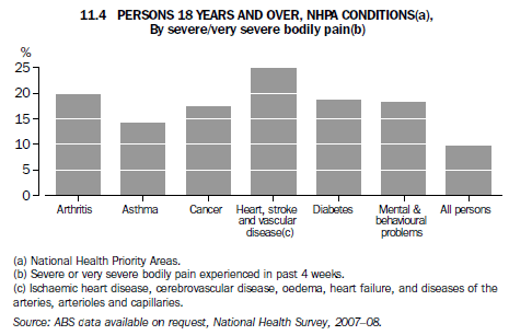 11.4 PERSONS 18 YEARS AND OVER, NHPA CONDITIONS(a), By server/very severe bolidy pain(b)