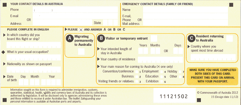 image of incoming passenger card