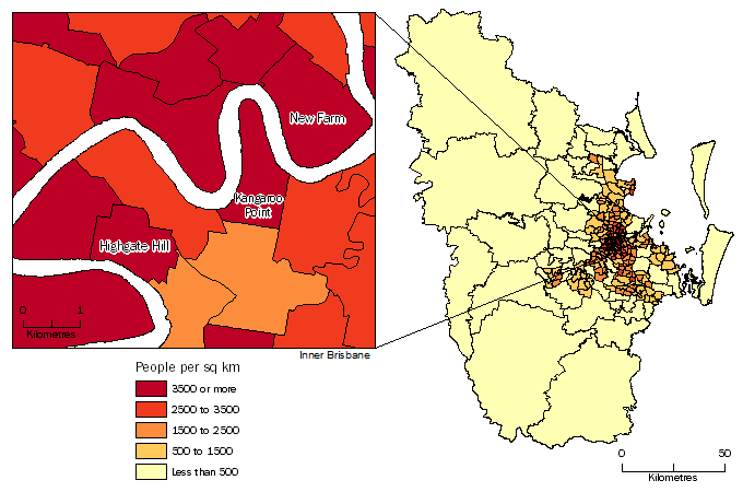 Diagram: POPULATION DENSITY BY SA2, Greater Brisbane - June 2014