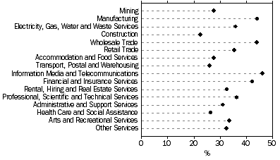 Graph: PROPORTION OF BUSINESSES WHICH INTRODUCED INNOVATION, by industry, 2006-07